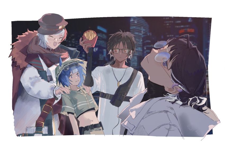 2boys, 2girls, andreana_(arknights), andreana_(silent_arrow)_(arknights), arknights, black_hair, blue_eyes, chinese_commentary