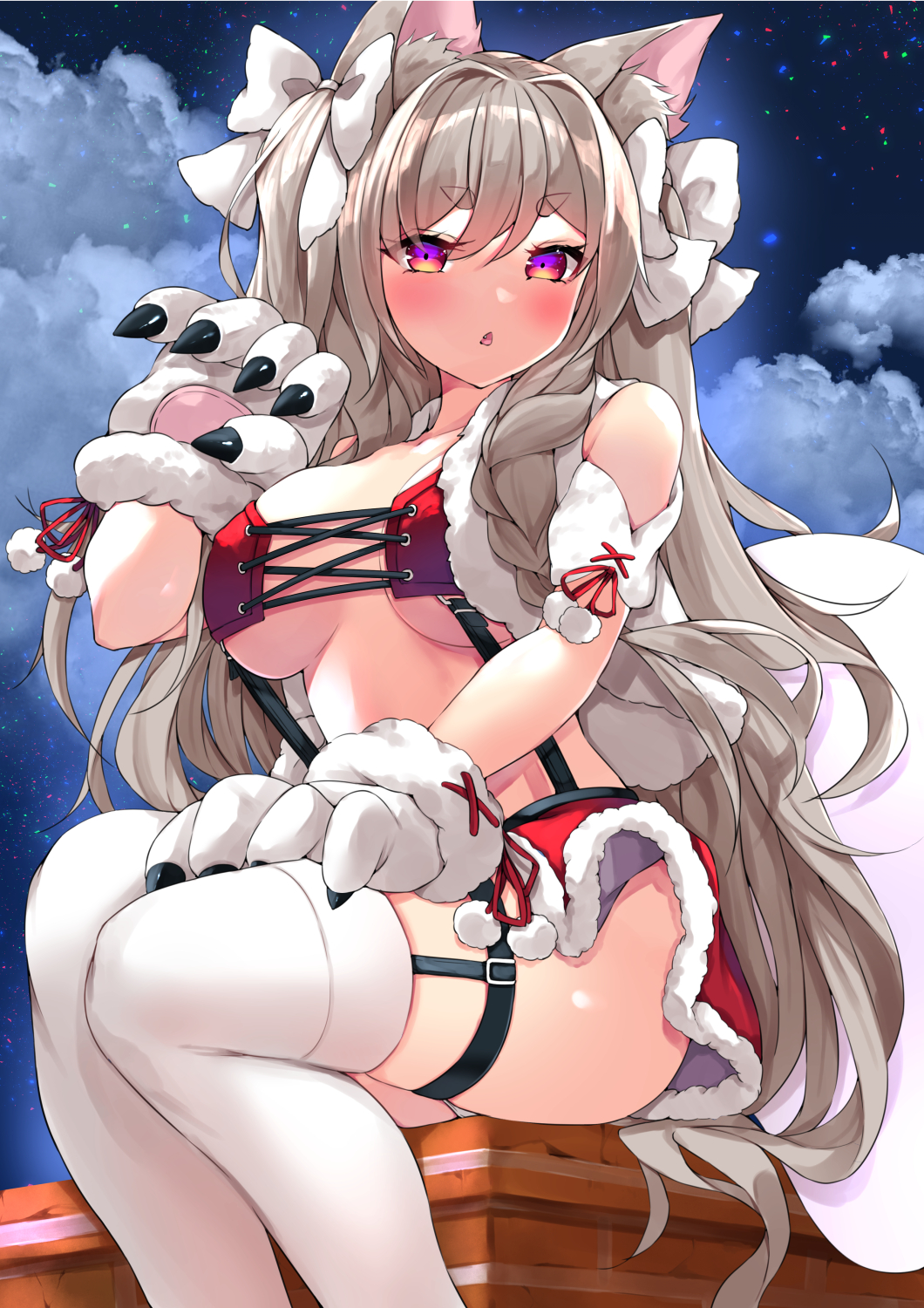 1girl, animal_ear_fluff, animal_ears, animal_hands, azur_lane, bow, braid, breasts, capelet, christmas, cleavage, cloud, dog_ears, fang, gloves, grey_hair, hair_bow, highres, large_breasts, legwear_garter, long_hair, looking_at_viewer, open_mouth, panties, panty_peek, paw_gloves, red_eyes, red_skirt, ryoutsu, sack, scarf, single_braid, sitting, skindentation, skirt, sky, smile, solo, star_(sky), starry_sky, stomach, suspender_skirt, suspenders, thick_eyebrows, thigh_strap, thighhighs, two_side_up, underwear, very_long_hair, white_bow, white_scarf, white_thighhighs, yuudachi_(azur_lane), yuudachi_(woofy_floofy_christmas_night)_(azur_lane)