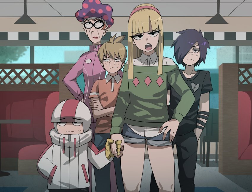 2girls, 3boys, black_hair, blonde_hair, blunt_bangs, brown_hair, ceiling, christopher_'mouth'_gonzalez