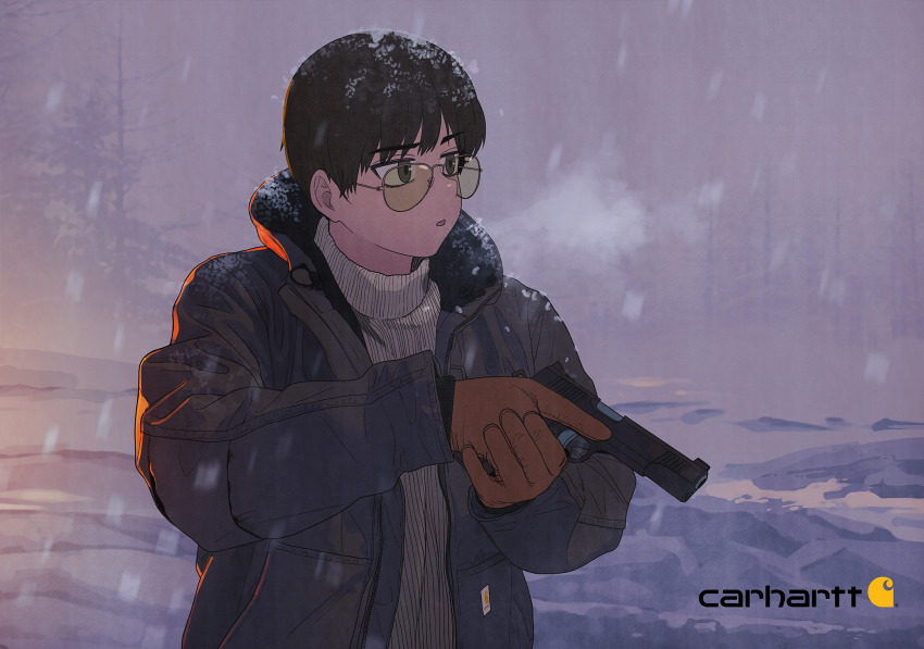 1boy, aviator_sunglasses, brown_gloves, brown_hair, carhartt, commentary, english_commentary, gloves, grey_eyes, grey_jacket, gun, handgun, highres, holding, holding_gun, holding_weapon, jacket, long_sleeves, m1911, male_focus, monamin, open_clothes, open_jacket, original, outdoors, parted_lips, short_hair, snowing, solo, sunglasses, sweater, tree, turtleneck, turtleneck_sweater, upper_body, weapon, white_sweater