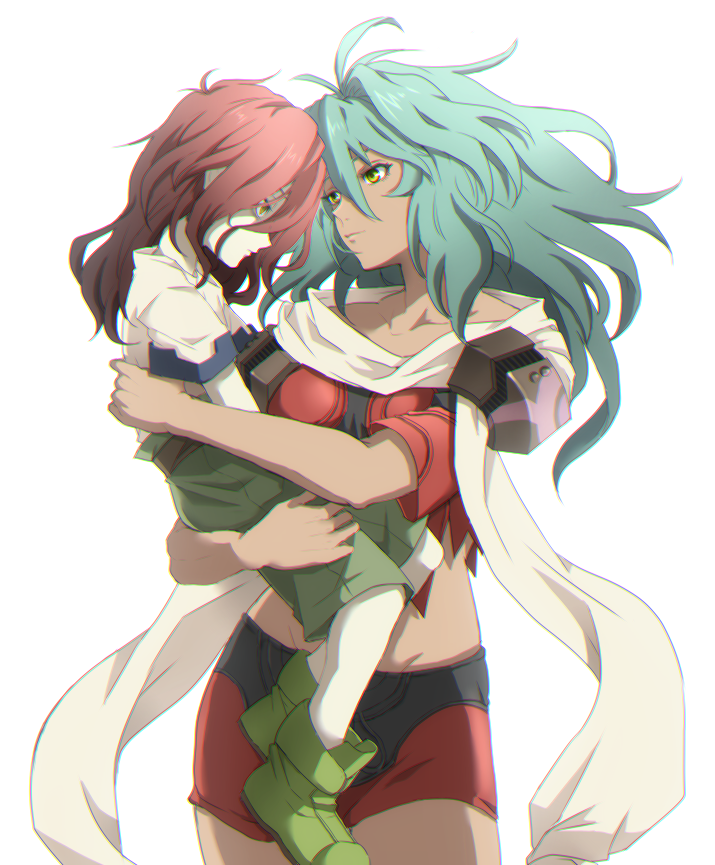 1boy, 1girl, armor, closed_mouth, dark-skinned_female, dark_skin, emerada_(xenogears), green_hair