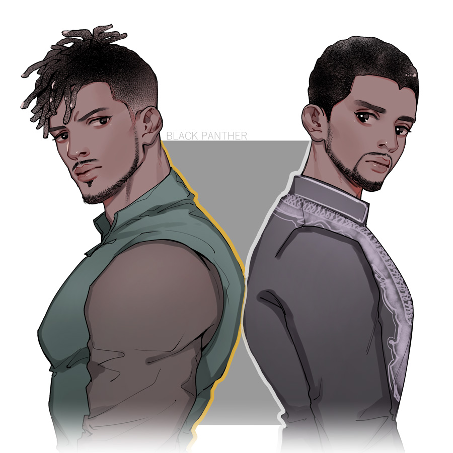 2boys, african_clothes, animification, beard, black_eyes, black_hair, black_panther_(movie), black_panther_(series)