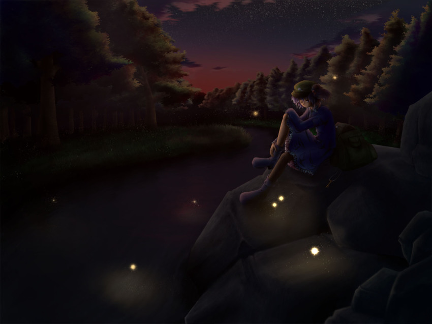 1girl, backpack, bad_id, bad_pixiv_id, bag, blue_hair, bug, dark