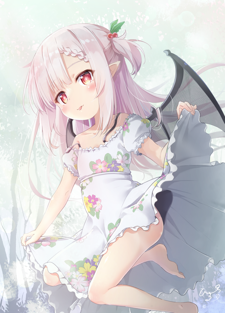 1girl, :p, bare_shoulders, barefoot, bat_wings, blue_dress, blush, braid