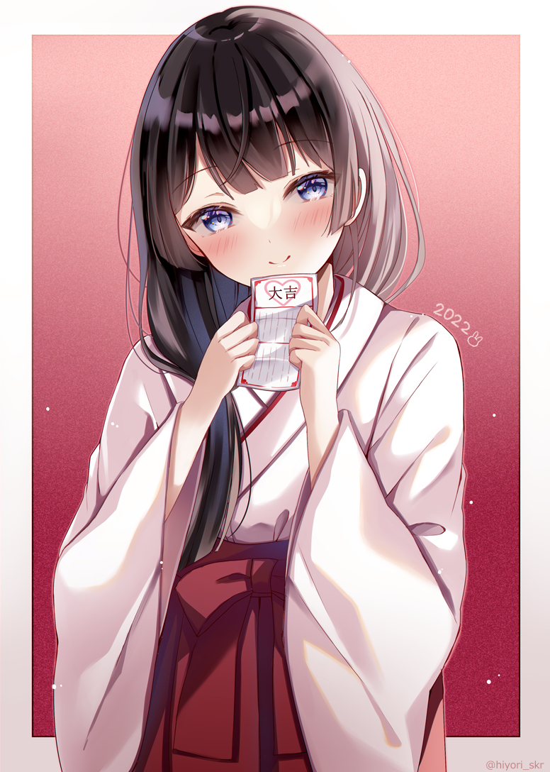 1girl, 2022, black_hair, blue_eyes, blush, closed_mouth, commentary_request, hakama
