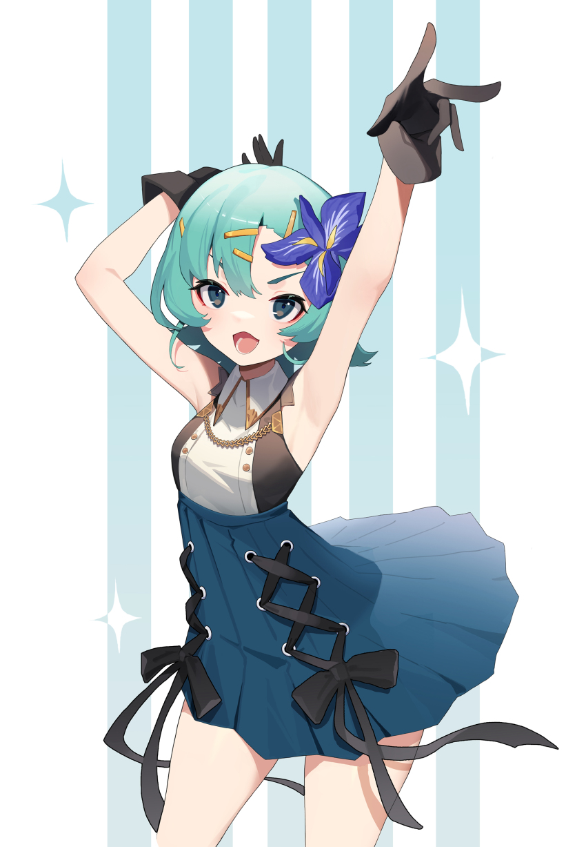 1girl, absurdres, blue_eyes, blue_hair, dress, electricline, flower, gloves, green_hair, hair_flower, hair_ornament, hairclip, highres, nijisanji, pale_skin, reve_(virtuareal), virtual_youtuber, virtuareal