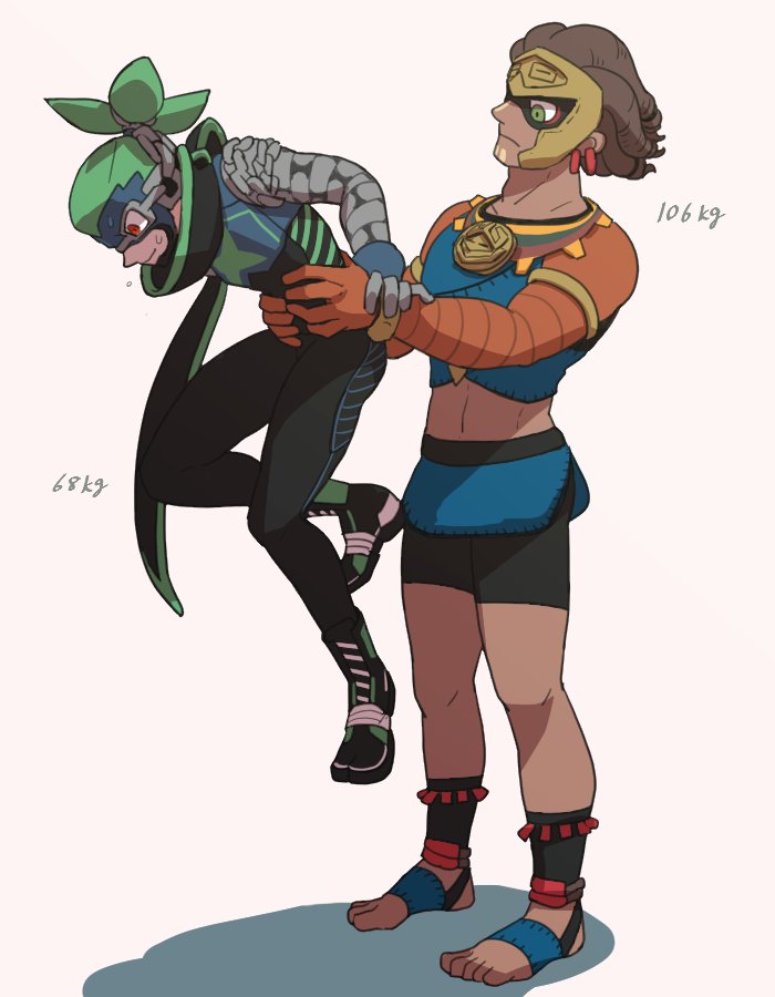 2boys, arms_(game), brown_hair, carrying, carrying_person, colk_(colk_com), dark-skinned_male, dark_skin