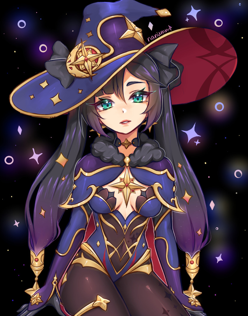 1girl, black_gloves, black_hair, black_legwear, breasts, earrings, genshin_impact, gloves