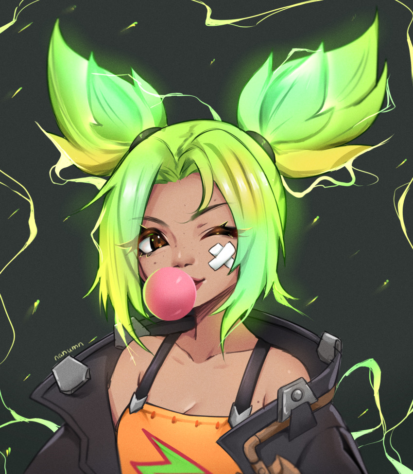 1girl, bandaid, bandaid_on_face, bare_shoulders, blowing_bubble_gum, blowing_bubbles, chewing_gum, collarbone, electricity, freckles, glowing, glowing_hair, green_hair, highres, league_of_legends, looking_at_viewer, nanumn, one_eye_closed, short_twintails, smile, solo, twintails, zeri_(league_of_legends)