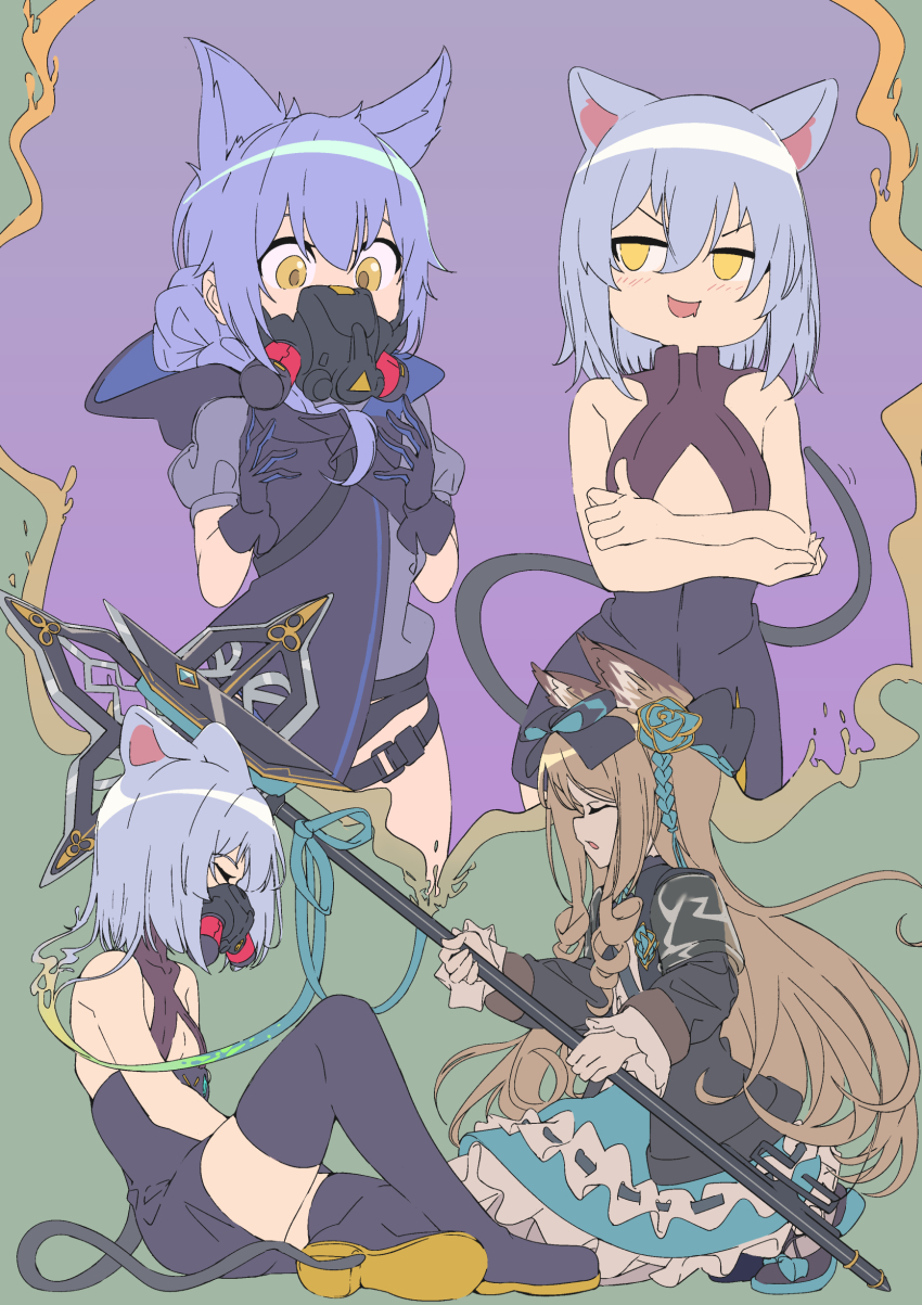 3girls, :d, absurdres, animal_ear_fluff, animal_ears, arknights, armband, bare_arms