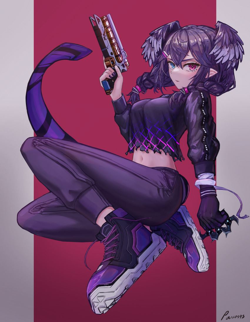 1girl, absurdres, apex_legends, arc_star, artist_name, b3_wingman, black_sweater, blue_eyes, braid, breasts, dragon_tail, floating_hair, gun, hair_behind_ear, handgun, head_wings, highres, holding, holding_gun, holding_weapon, medium_breasts, medium_hair, navel, nijisanji, nijisanji_en, pants, pavo543, pointy_ears, purple_eyes, purple_hair, purple_pants, purple_shoes, revolver, selen_tatsuki, shoes, shuriken, sneakers, solo, sweater, tail, torn_clothes, twin_braids, untied_shoelaces, virtual_youtuber, weapon, wings