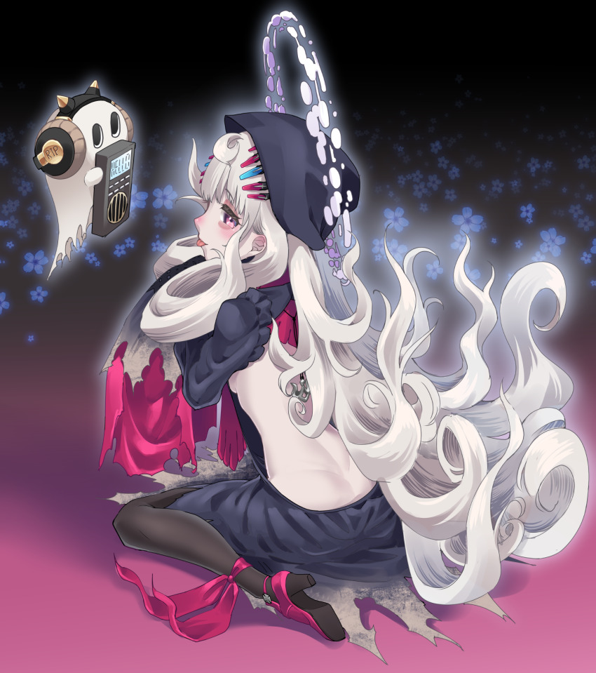 1girl, backless_dress, backless_outfit, bare_back, black_headwear, black_pantyhose, blush, breasts