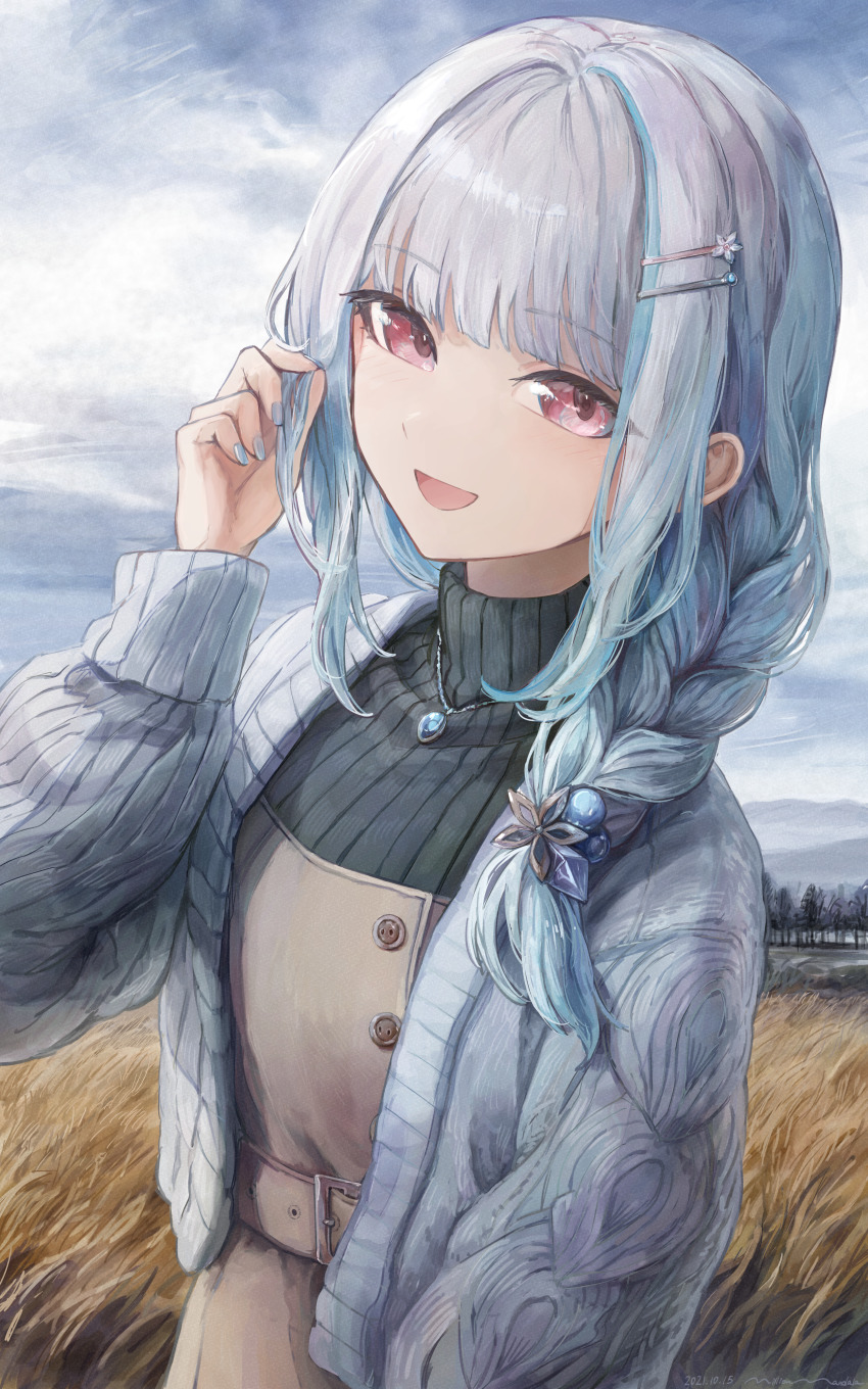 1girl, :d, absurdres, beige_dress, black_sweater, blue_hair, braid, cloud