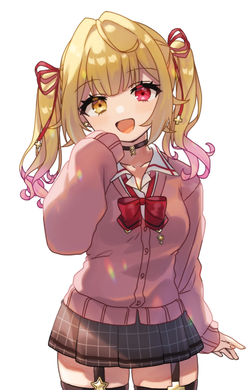 1girl, absurdres, black_choker, black_skirt, blonde_hair, blush, breasts, chahara_yaya, choker, collarbone, gradient_hair, head_tilt, heterochromia, highres, hoshikawa_sara, hoshikawa_sara_(4th_costume), long_sleeves, medium_breasts, multicolored_hair, nijisanji, open_mouth, pink_eyes, pink_hair, pink_sweater, skirt, sleeves_past_fingers, sleeves_past_wrists, smile, solo, sweater, virtual_youtuber, yellow_eyes