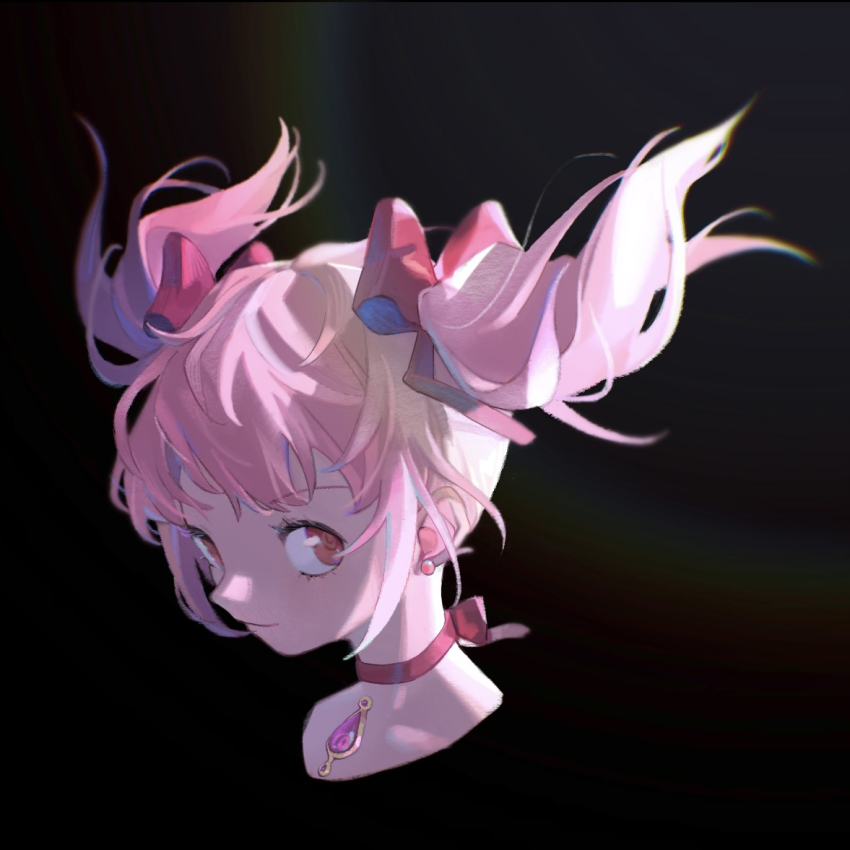 1girl, backlighting, black_background, choker, closed_mouth, collarbone, cropped_shoulders, earrings, eyelashes, floating_hair, hair_ribbon, isansia, jewelry, kaname_madoka, light_smile, magical_girl, mahou_shoujo_madoka_magica, mahou_shoujo_madoka_magica_(anime), pink_eyes, pink_ribbon, portrait, red_ribbon, ribbon, ribbon_choker, short_twintails, sidelocks, sideways_glance, simple_background, solo, soul_gem, stud_earrings, tareme, twintails, upper_body