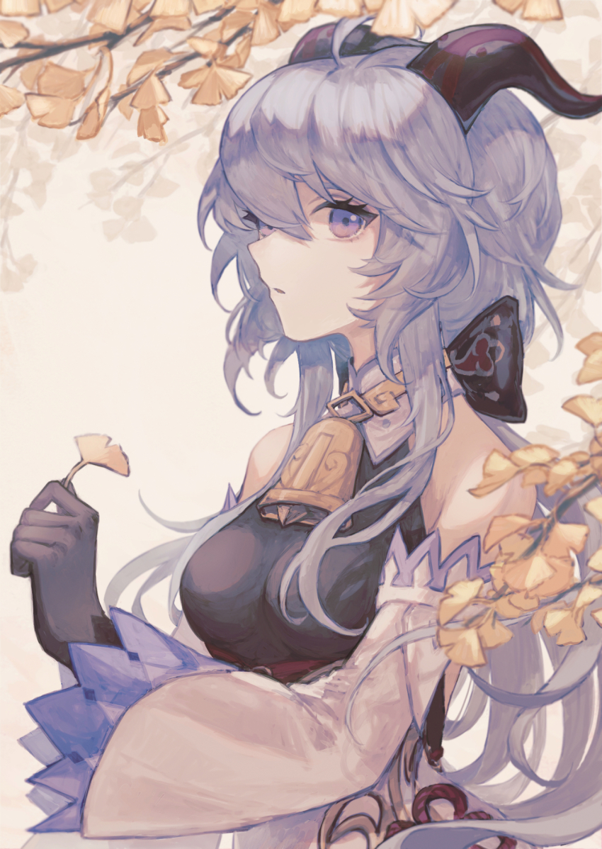 1girl, bell, black_bodysuit, black_gloves, blue_hair, bodysuit, branch, breasts