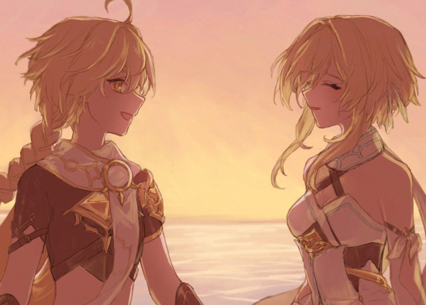 1boy, 1girl, aether_(genshin_impact), ahoge, blonde_hair, braid, breasts, brother_and_sister