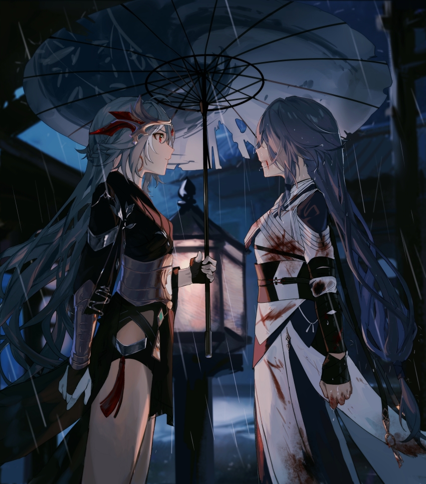 2girls, absurdres, asymmetrical_gloves, bad_id, bad_lofter_id, black_gloves, black_hair, blood