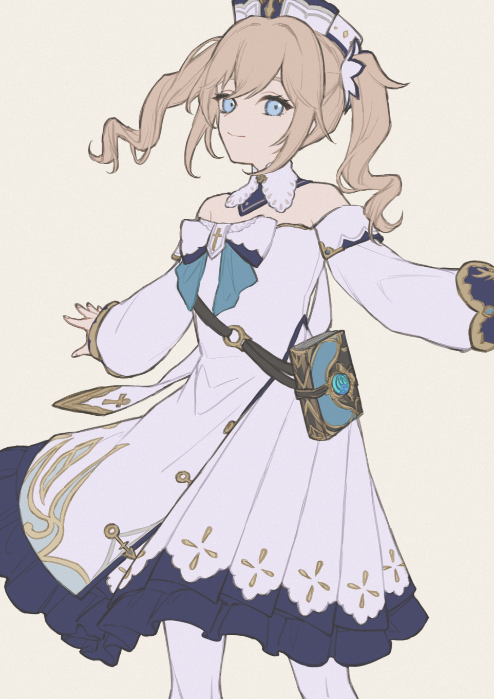 1girl, barbara_(genshin_impact), blonde_hair, blue_eyes, book, bow, closed_mouth, detached_sleeves