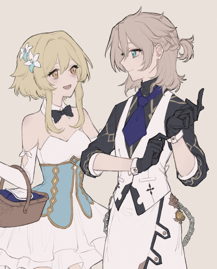 1boy, 1girl, adjusting_clothes, adjusting_gloves, albedo_(genshin_impact), albedo_(sweets_paradise)_(genshin_impact), basket, black_gloves