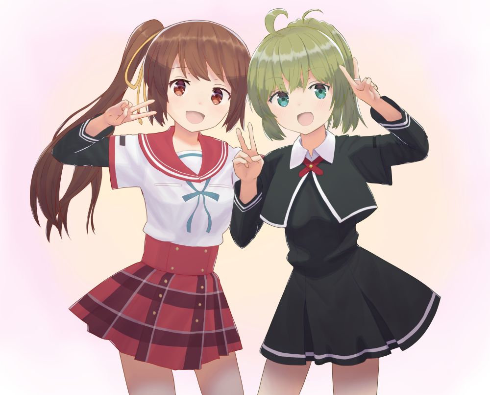 2girls, anna_mel, beige_background, black_dress, black_jacket, brown_eyes, brown_hair, collared_jacket