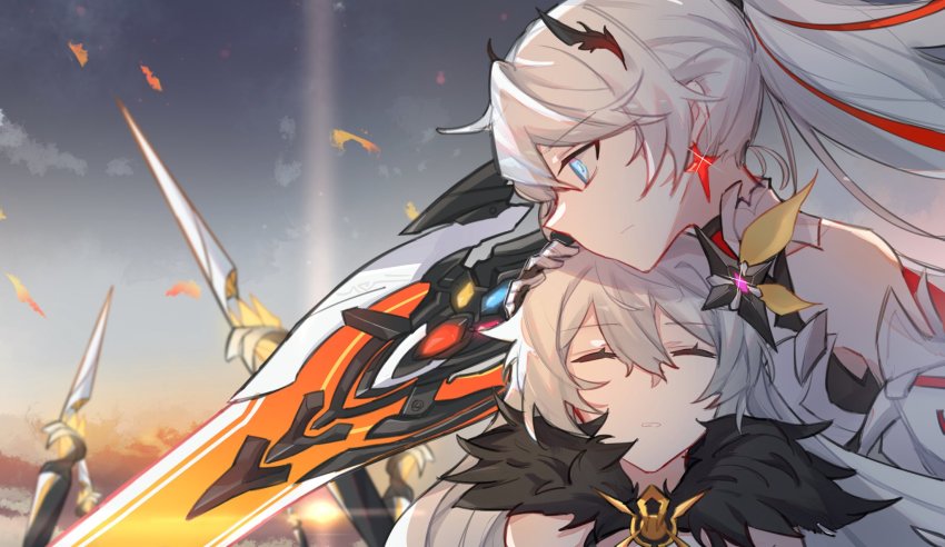 2girls, armor, bare_shoulders, blue_eyes, blue_sky, closed_eyes, closed_mouth, dual_persona, earrings, fur_collar, hair_ornament, hair_ribbon, highres, honkai_(series), honkai_impact_3rd, jewelry, kiana_kaslana, kiana_kaslana_(herrscher_of_flamescion), kiana_kaslana_(herrscher_of_the_void), multiple_girls, outdoors, polearm, ribbon, shiying_no_yao, sky, sleeveless, spear, sword, weapon, white_hair