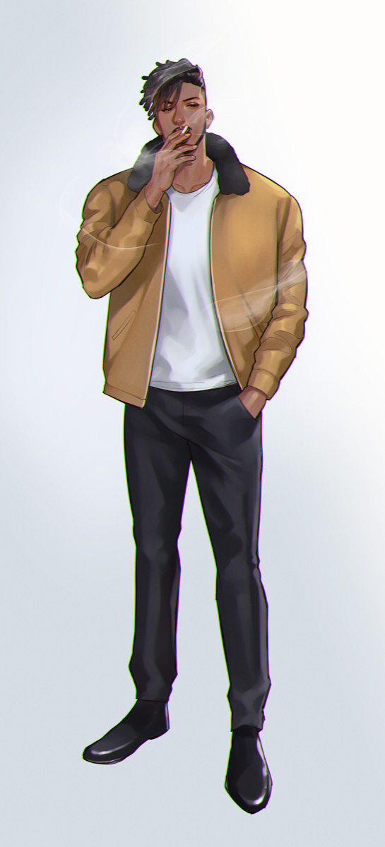 1boy, animification, beard, black_hair, black_panther_(movie), black_panther_(series), brown_jacket, cigarette