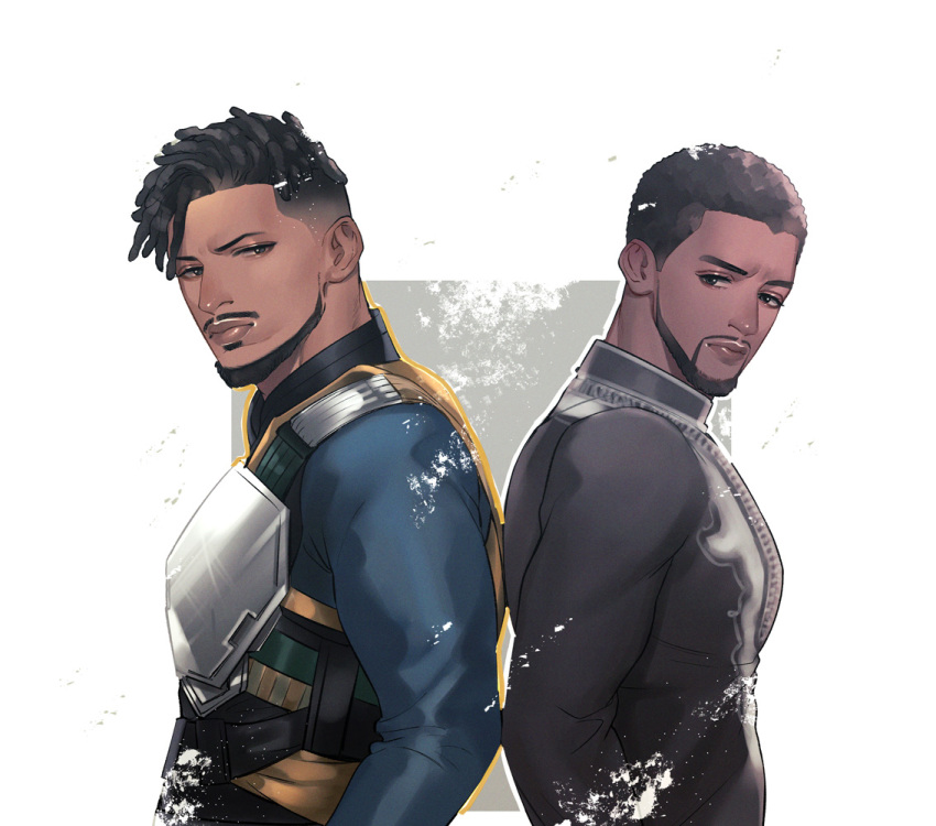 2boys, animification, armor, beard, black_eyes, black_hair, black_panther_(movie), black_panther_(series)