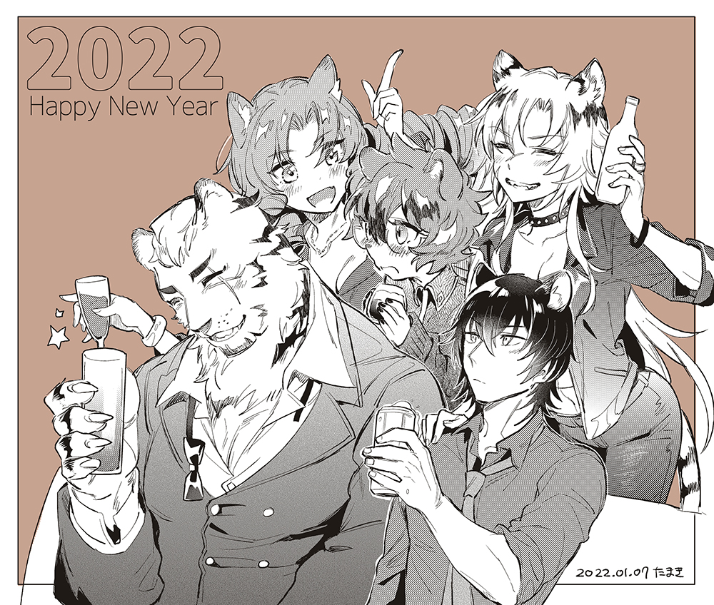 2022, 2boys, 3girls, :d, animal_ear_fluff, animal_ears, arknights, artist_name