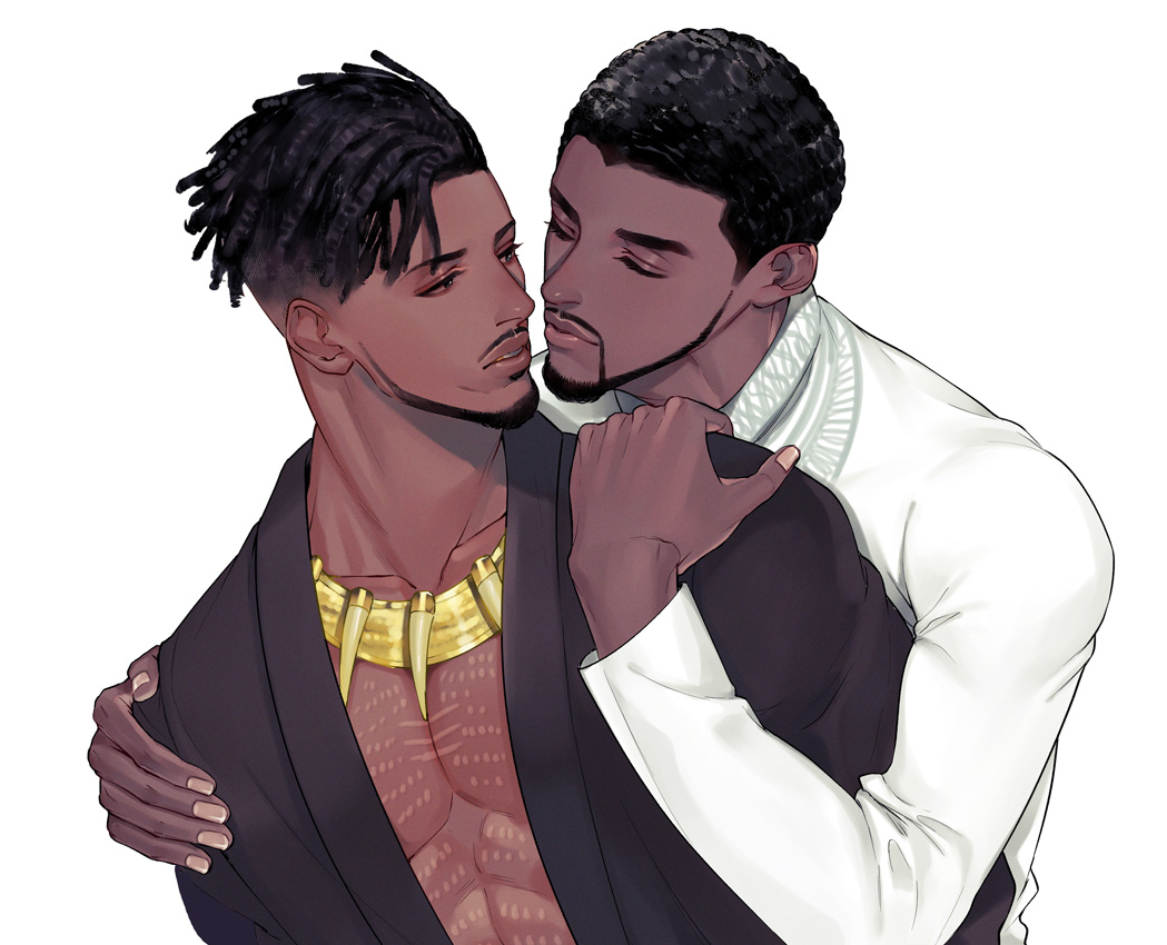 2boys, african_clothes, beard, black_hair, black_jacket, black_panther_(movie), black_panther_(series), curly_hair