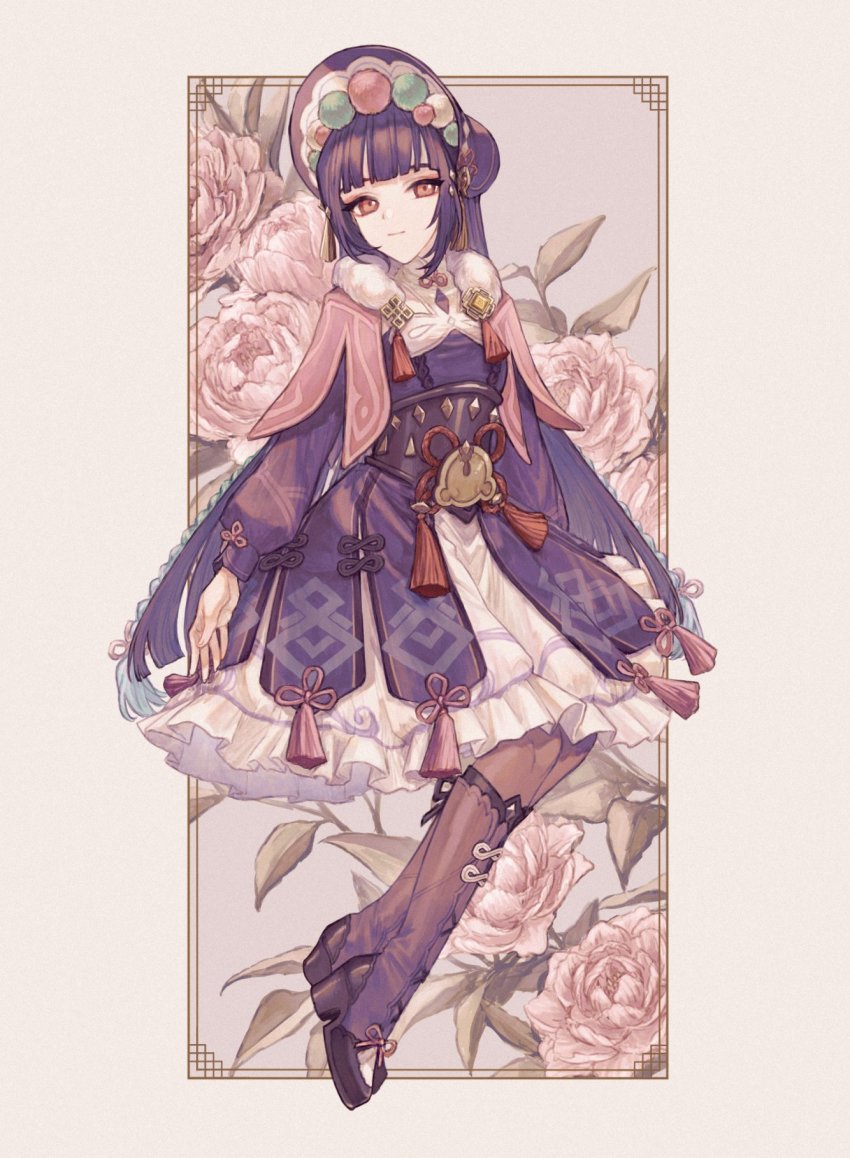 1girl, black_corset, black_pantyhose, blunt_bangs, bonnet, boots, capelet, chinese_clothes, closed_mouth, commentary_request, corset, dress, flower, flower_knot, frilled_dress, frills, full_body, fur-trimmed_capelet, fur_trim, genshin_impact, high_heel_boots, high_heels, highres, kmkm_panna, knee_boots, leaf, lolita_fashion, long_hair, long_sleeves, pantyhose, pink_flower, pink_rose, purple_hair, purple_headwear, qi_lolita, red_eyes, rose, simple_background, solo, tassel, very_long_hair, yun_jin_(genshin_impact)