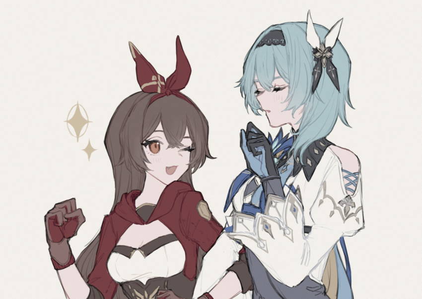 2girls, amber_(genshin_impact), asymmetrical_hair, blue_hair, blue_necktie, bodystocking, breasts, brown_eyes