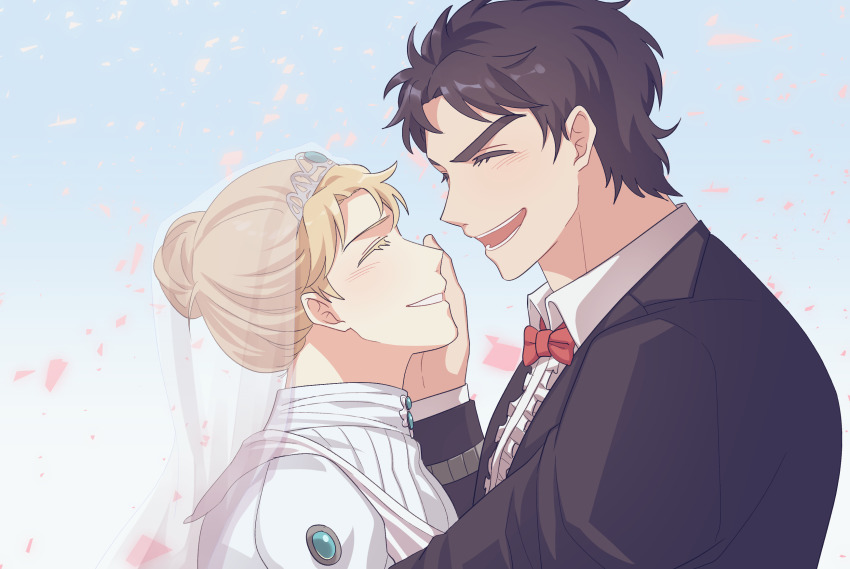 1boy, 1girl, ^_^, black_hair, blonde_hair, bow, bowtie, bridal_veil