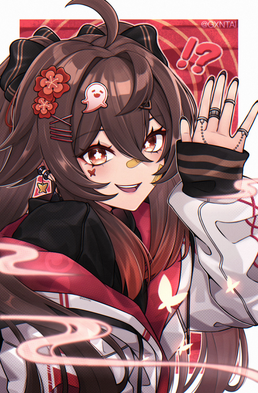 !?, 1girl, absurdres, ahoge, alternate_costume, arm_up, bandaid, bandaid_on_face