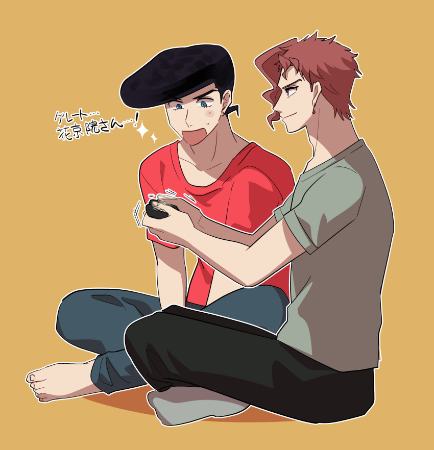 alternate_universe, barefoot, controller, earrings, game_controller, grey_legwear, grey_shirt, higashikata_josuke