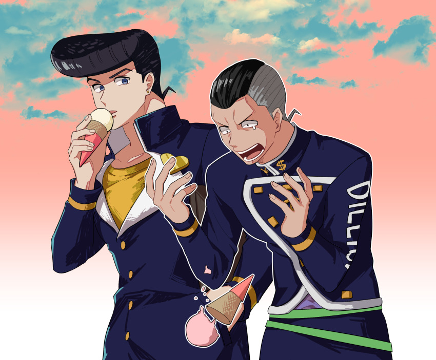 2boys, black_hair, diamond_wa_kudakenai, dollar_sign, facial_mark, food, gakuran, grey_hair