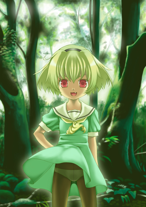 00s, 1girl, blonde_hair, clothes_lift, crotch_seam, dress, dress_lift, fang