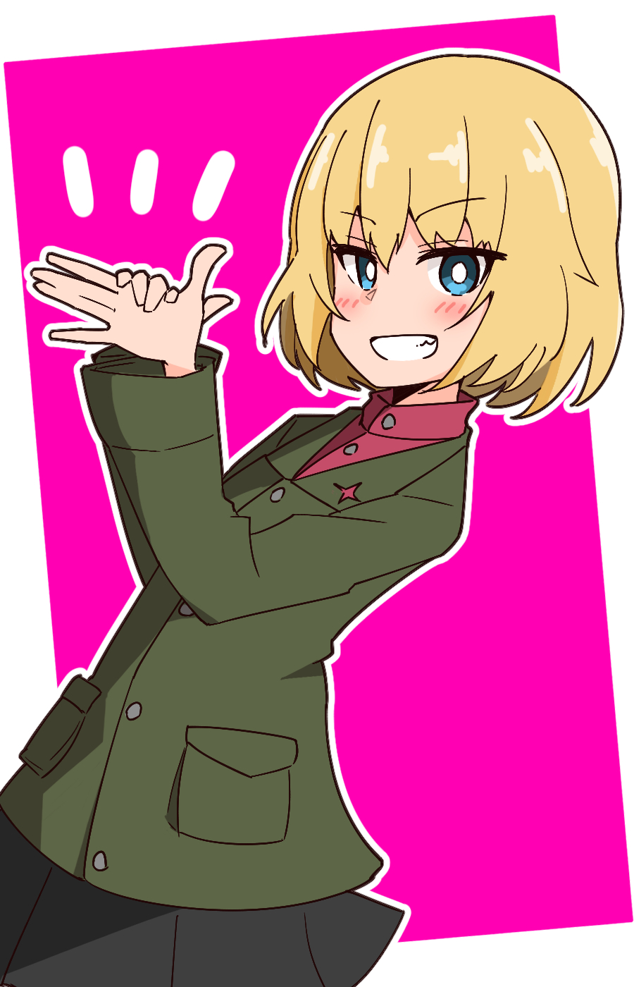 1girl, ame_(amechan17391739), bad_id, bad_pixiv_id, blonde_hair, blue_eyes, bright_pupils, dog_shadow_puppet, girls_und_panzer, grin, highres, katyusha_(girls_und_panzer), pravda_school_uniform, school_uniform, short_hair, simple_background, smile, solo, white_pupils