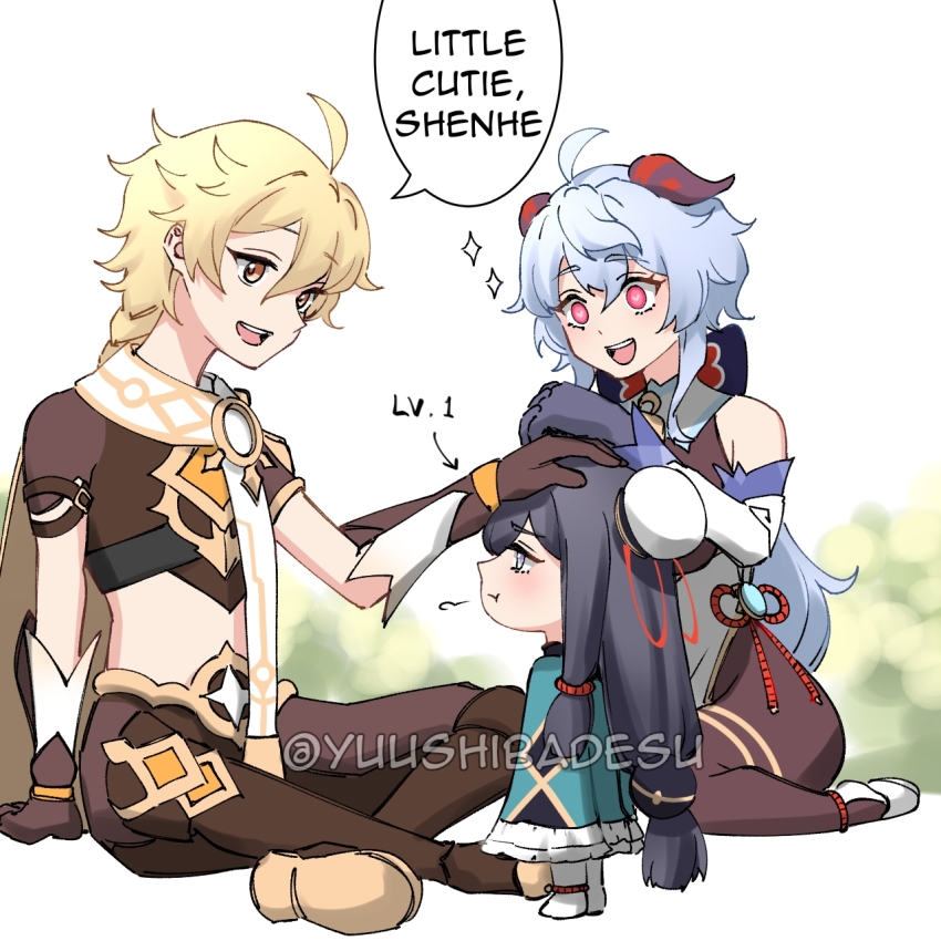 1boy, 2girls, aether_(genshin_impact), aged_down, blonde_hair, blue_hair, blush, chinese_clothes, commentary, completely_unamused, english_commentary, english_text, eyelashes, ganyu_(genshin_impact), genshin_impact, grey_hair, hair_between_eyes, hair_bun, hair_ornament, heart, heart-shaped_pupils, highres, horns, light_blue_hair, long_hair, midriff, midriff_peek, multiple_girls, pantyhose, pout, red_eyes, scarf, shenhe_(genshin_impact), shenhe_(young)_(genshin_impact), single_hair_bun, speech_bubble, symbol-shaped_pupils, unamused, yellow_eyes, yuushiba