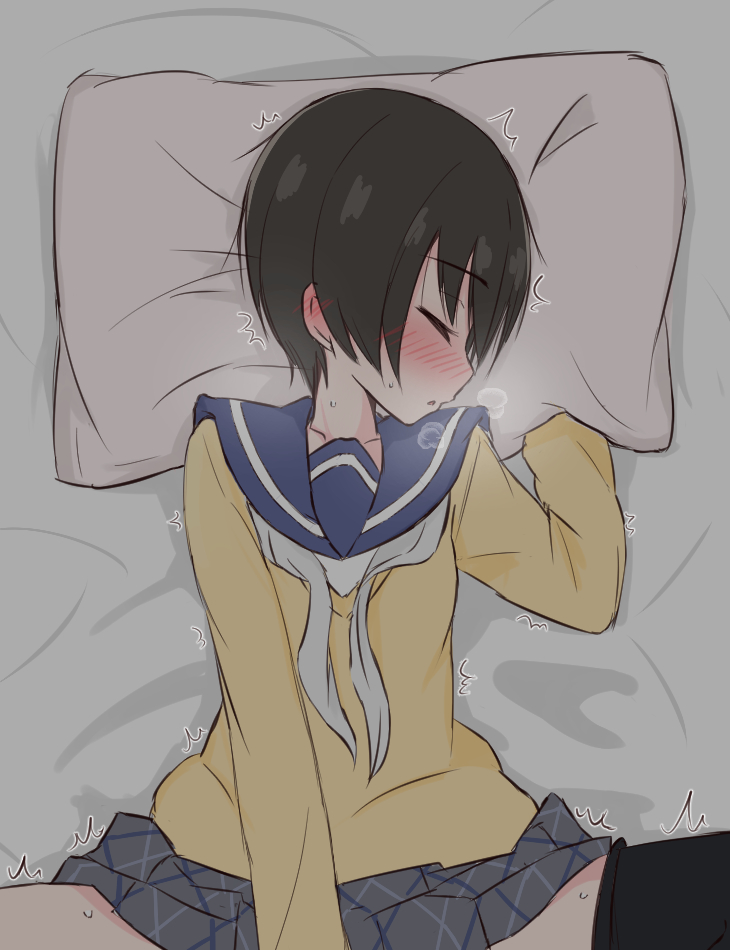 1girl, ame_(amechan17391739), black_hair, blush, clothed_sex, ear_blush, closed_eyes, implied_masturbation, implied_sex, lying, on_back, pantyhose, pantyhose_around_one_leg, pillow, sailor_collar, saitou_ena, school_uniform, short_hair, solo, yurucamp