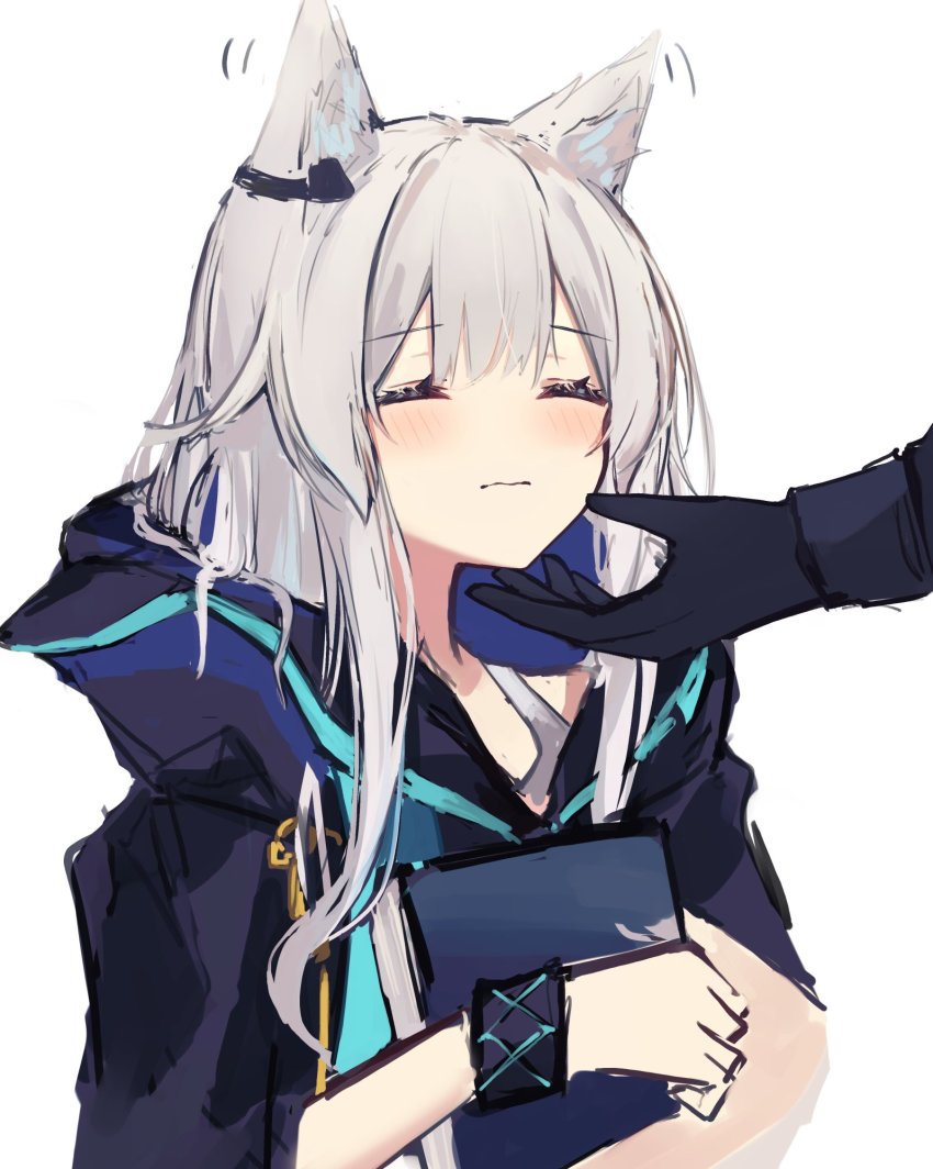 1girl, animal_ears, arknights, black_coat, black_gloves, blush, book, bracelet