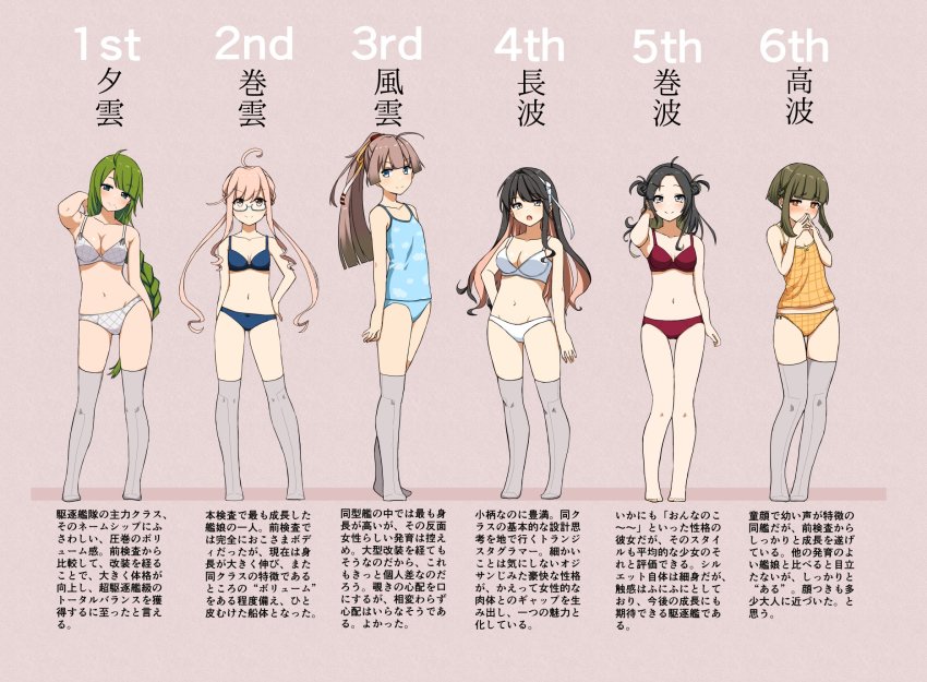 6+girls, black_hair, blue_eyes, braid, brown_eyes, brown_hair, cassandra_(seishun_katsu_sando), character_name, full_body, green_hair, grey_eyes, hair_between_eyes, highres, kantai_collection, kazagumo_(kancolle), long_hair, makigumo_(kancolle), makinami_(kancolle), multicolored_hair, multiple_girls, naganami_(kancolle), orange_eyes, pink_hair, ponytail, short_hair, single_braid, takanami_(kancolle), thighhighs, translation_request, yellow_eyes, yuugumo_(kancolle)