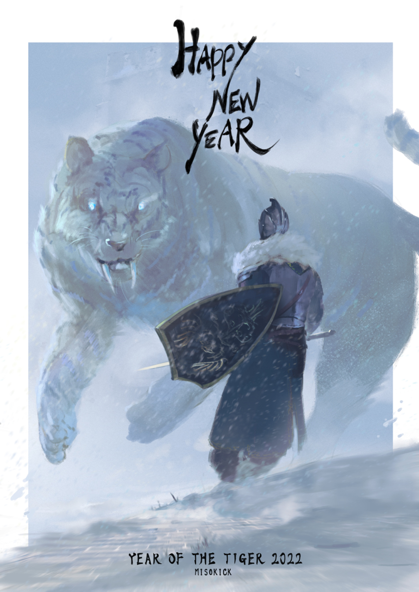 1boy, aava_the_king's_pet, armor, bearer_of_the_curse, bloodborne, border, chinese_zodiac, dark_souls_(series), dark_souls_ii, fighting_stance, from_behind, full_armor, glowing, glowing_eyes, happy_new_year, helmet, highres, holding, holding_shield, holding_sword, holding_weapon, miso_katsu, new_year, sabertooth_cat, shield, signature, snow, standing, sword, tiger, waist_cape, weapon, white_border, white_tiger, year_of_the_tiger