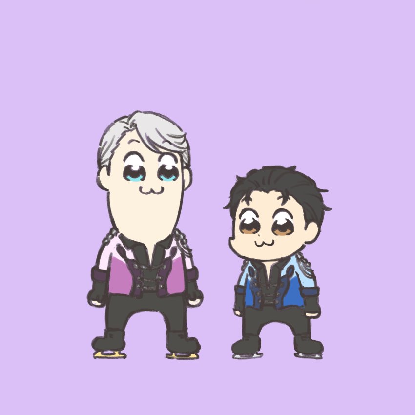 2boys, :3, bkub_(style), black_hair, black_pants, blue_eyes, brown_eyes, chibi, collared_shirt, hair_slicked_back, highres, ice_skates, itou_noriko, katsuki_yuuri, male_focus, multiple_boys, pants, parody, poptepipic, purple_background, shirt, silver_hair, skates, style_parody, viktor_nikiforov, yuri!!!_on_ice
