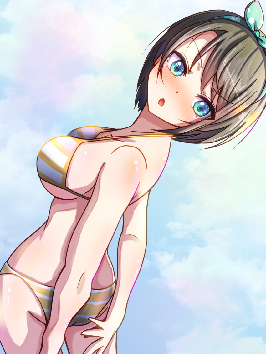 1girl, :o, bare_shoulders, bikini, blue_eyes, blush, bow, breasts