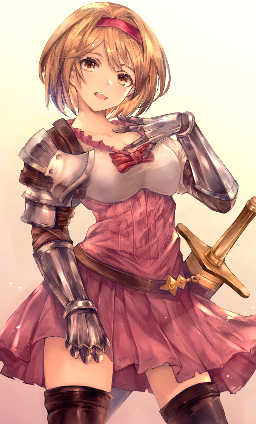 1girl, absurdres, armor, belt, blonde_hair, boots, breasts, brown_hair