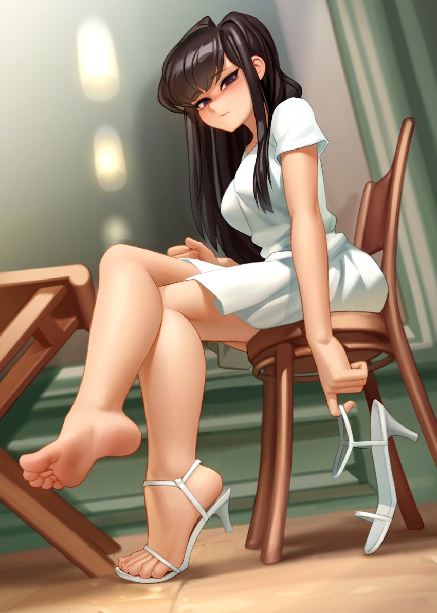 1girl, absurdres, bare_arms, bare_legs, barefoot, breasts, brown_hair, chair, closed_mouth, commentary, crossed_legs, dress, dutch_angle, english_commentary, feet, foot_focus, foreshortening, from_below, from_side, full_body, high_heel_sandals, high_heels, highres, holding, holding_shoes, holding_unworn_clothes, indoors, kairunoburogu, komi-san_wa_komyushou_desu, komi_shouko, long_hair, looking_at_viewer, looking_to_the_side, medium_breasts, on_chair, purple_eyes, sandals, shoes, short_sleeves, single_sandal, single_shoe, sitting, soles, solo, table, toes, unworn_sandals, unworn_shoes, white_dress, wooden_chair