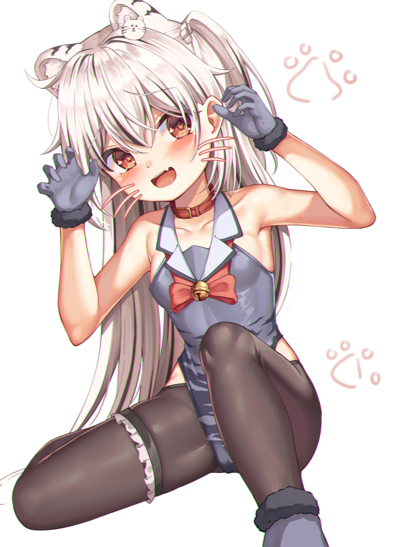 1girl, animal_ear_fluff, animal_ears, bell, black_hair, black_pantyhose, blush, bow, bowtie, breasts, brown_pantyhose, claw_pose, collar, collarbone, commentary_request, drawn_whiskers, extra_ears, fang, frilled_thigh_strap, gloves, grey_gloves, grey_leotard, hair_between_eyes, hair_ornament, jingle_bell, kyumi_(mannack), leotard, lion_ears, lion_hair_ornament, long_hair, looking_at_viewer, mannack, multicolored_hair, original, pantyhose, red_bow, red_bowtie, red_collar, red_eyes, simple_background, skin_fang, small_breasts, solo, streaked_hair, thigh_strap, two_side_up, white_background