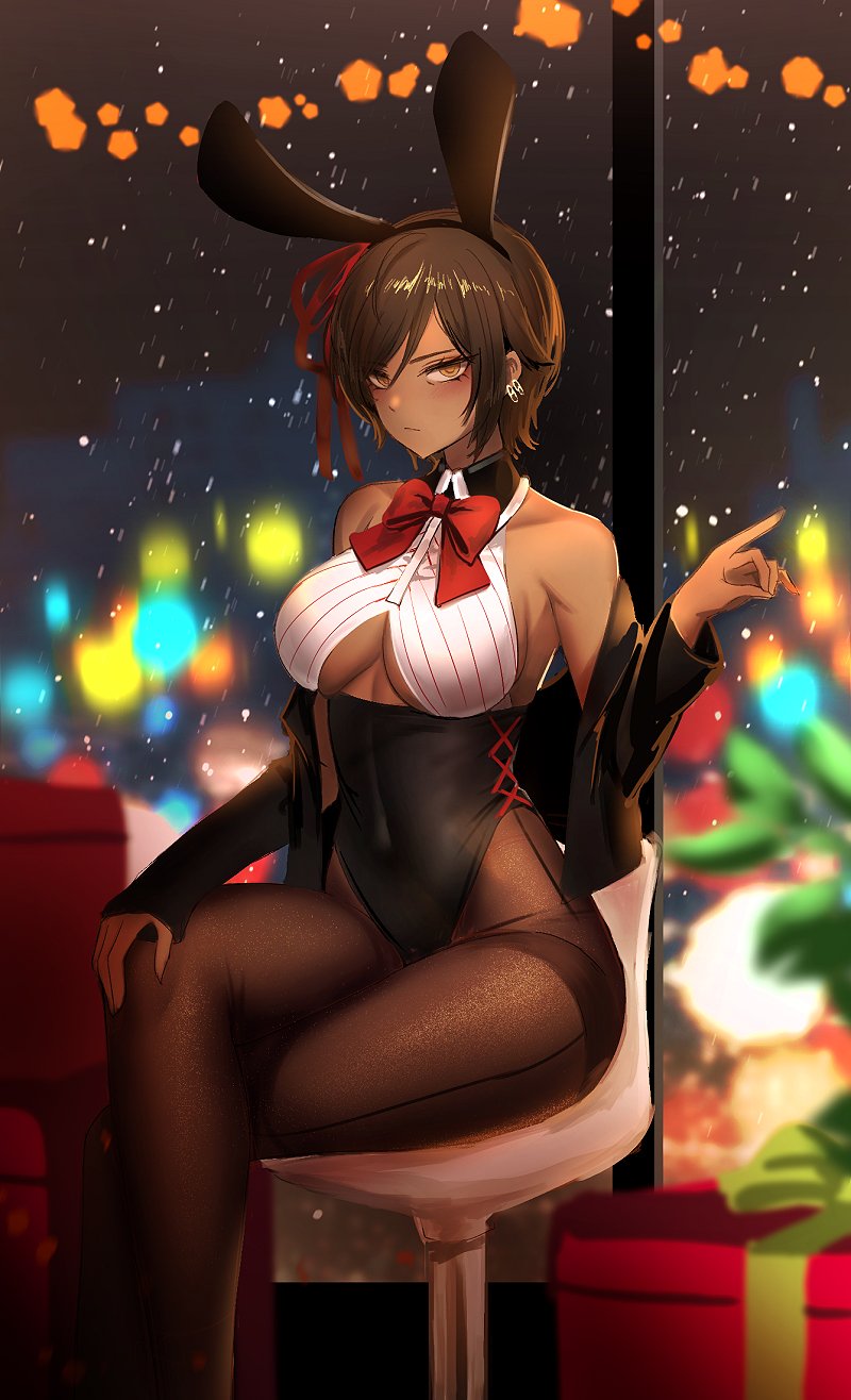 1girl, animal_ears, bare_shoulders, black_sleeves, blurry, blurry_background, bow, bowtie, breasts, brown_eyes, brown_hair, christmas, christmas_ornaments, cleavage, closed_mouth, dark-skinned_female, dark_skin, dolsig_ilangnolja, earrings, fake_animal_ears, highres, indoors, jewelry, leggings, limbus_company, looking_at_viewer, mature_female, outis_(project_moon), playboy_bunny, project_moon, rabbit_ears, red_bow, red_bowtie, sitting, sleeveless, solo, underboob, yellow_eyes