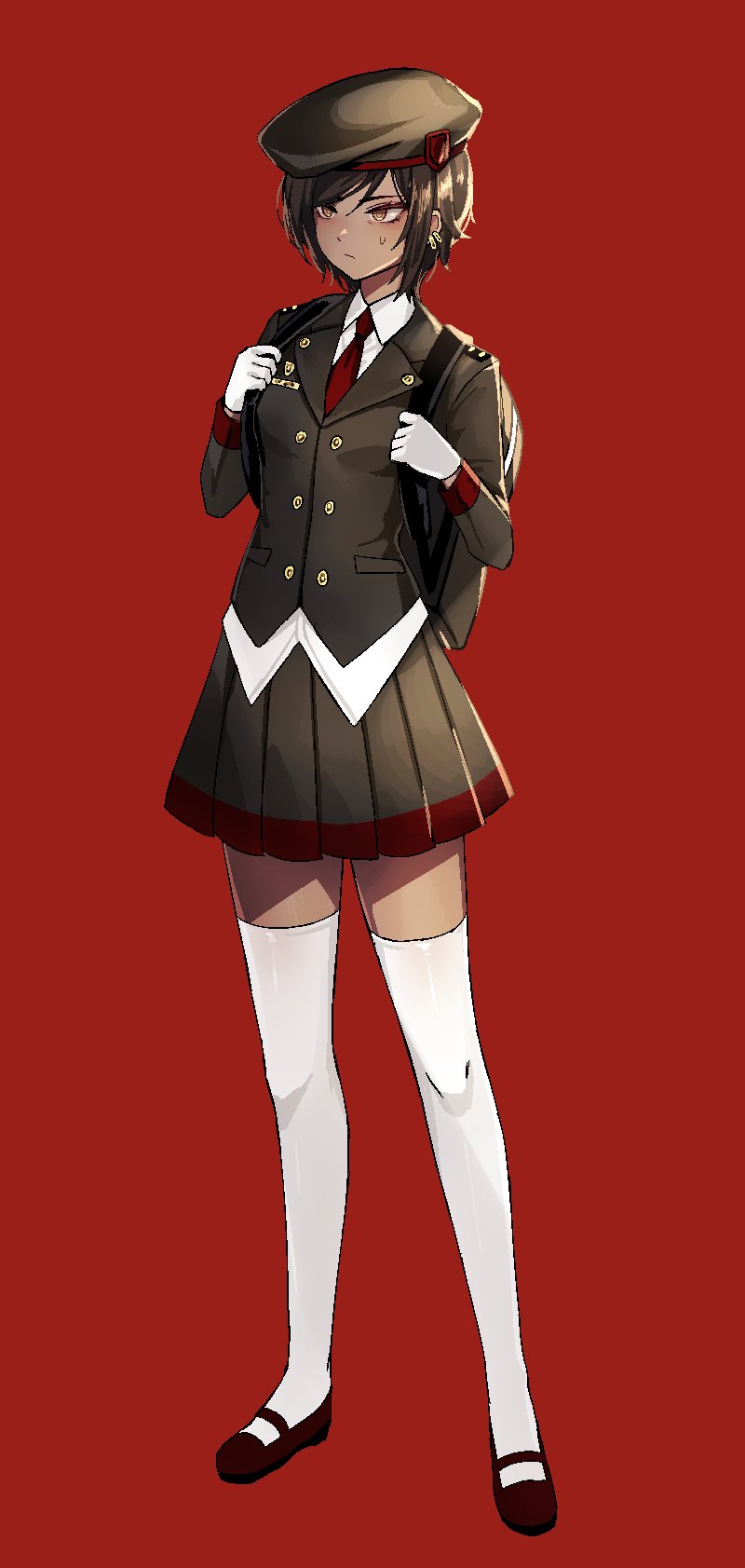 1girl, bag, beret, black_bag, black_footwear, black_hat, black_jacket, black_skirt